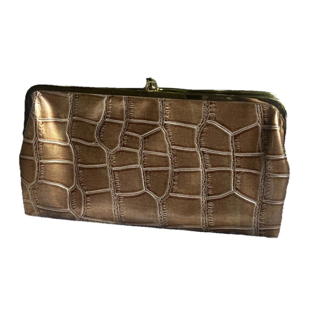 Braciano Kiss Lock Envelope Clutch Brown Croc Embossed Pattern Wallet Universal